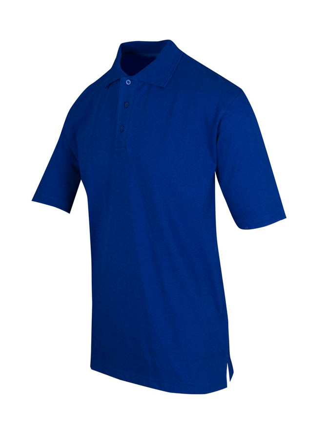 A blue men's 100% cotton jersey polo shirt displayed at an angle, featuring a collar and three buttons.