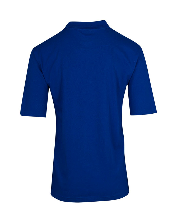 A blue men's 100% cotton jersey polo shirt featuring short sleeves and a collar, with a logo present.