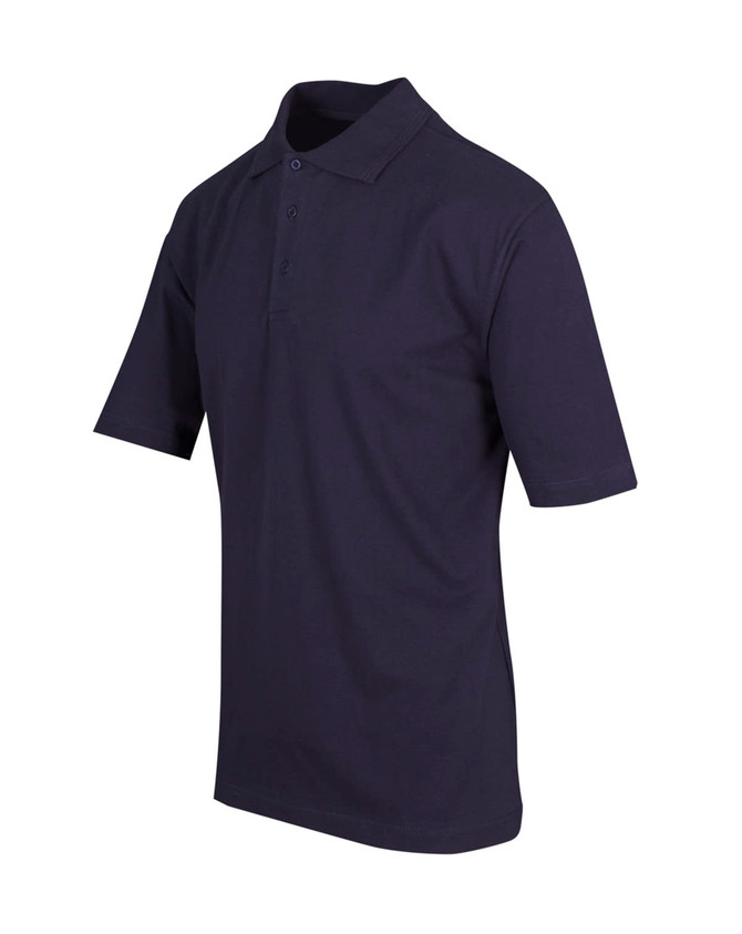 A dark navy blue men's polo shirt made from 100% cotton, featuring a collar and short sleeves. It has a logo.