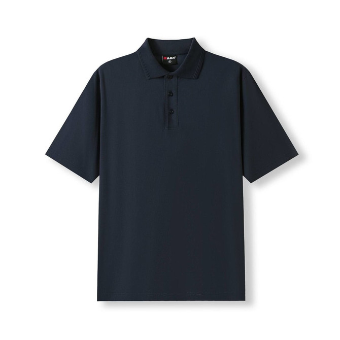 A navy blue men's polo shirt made from 100% cotton, featuring a classic collar and three buttons, with a logo.