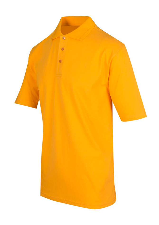 A men's polo shirt in vibrant yellow with short sleeves and a collar, featuring a button placket and a logo.