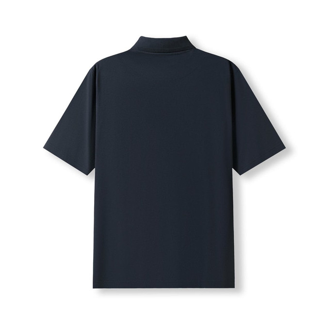 A navy blue men's 100% cotton jersey polo shirt featuring a collar and short sleeves. It has a logo on the back.
