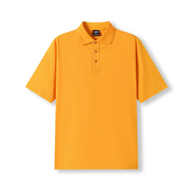 A yellow 100% cotton jersey polo shirt with a classic collar and three-button placket, featuring a logo.