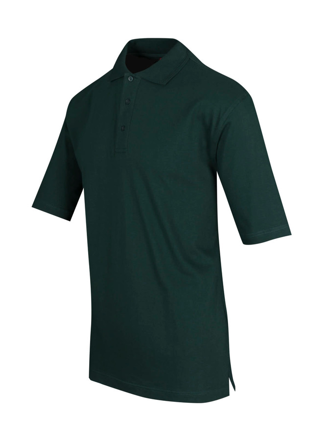 A dark green men's polo shirt made of 100% cotton, featuring a collar and short sleeves. It has a logo on the chest.