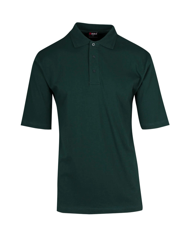 A dark green men's polo shirt made of 100% cotton jersey with a three-button placket and short sleeves.