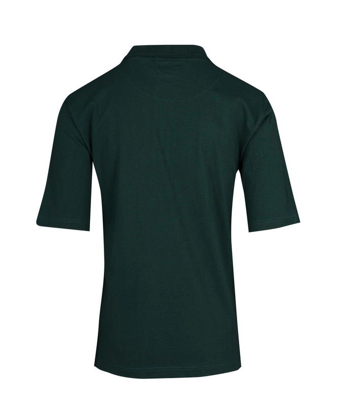 A green men's 100% cotton jersey polo shirt, featuring a classic design with a collar and short sleeves.