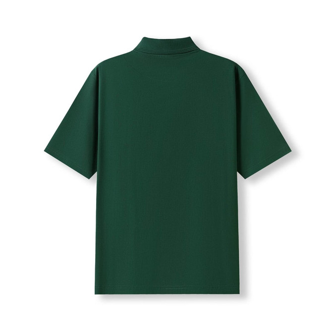 A green men's 100% cotton jersey polo shirt, featuring a classic design with a collar and short sleeves.