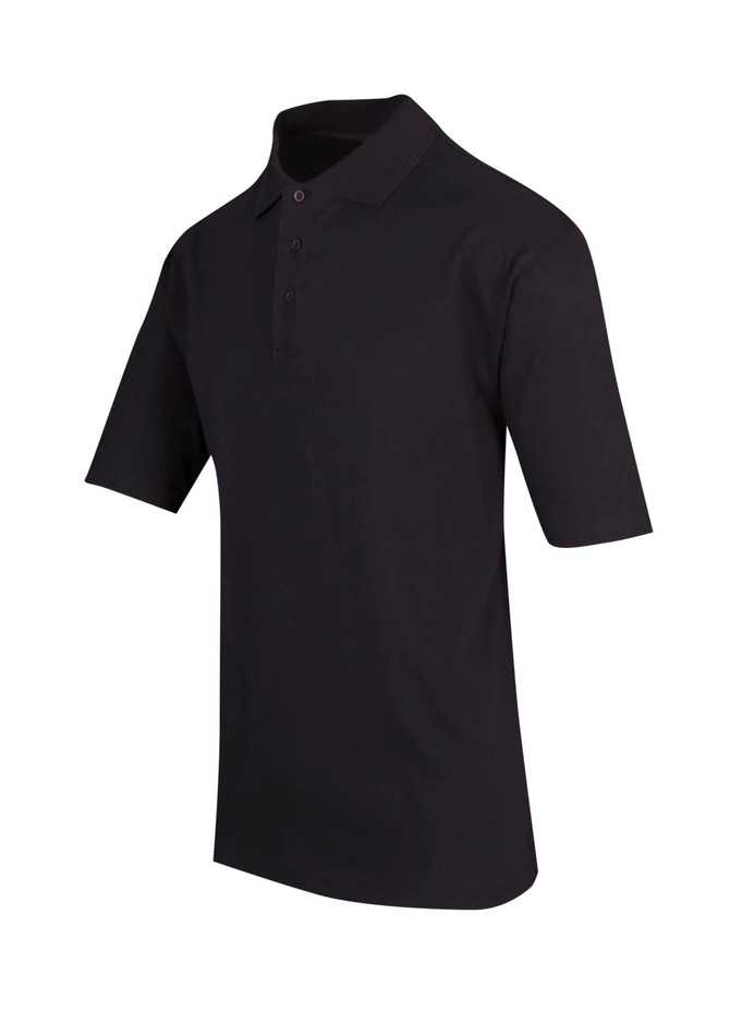 A black men's 100% cotton jersey polo shirt featuring a collared neckline and short sleeves.