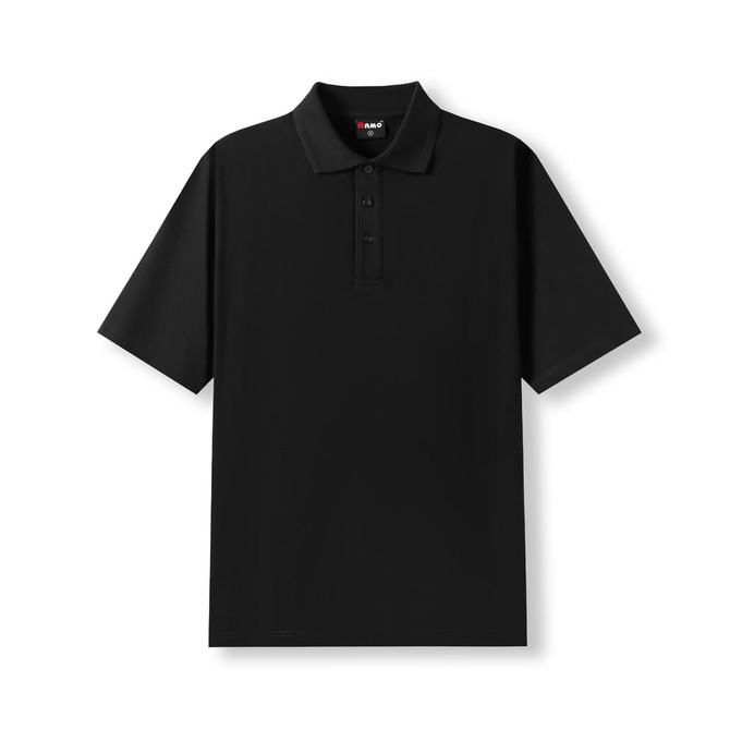 A black 100% cotton jersey polo shirt featuring a classic collar and three-button placket. It has branding on the neckline.