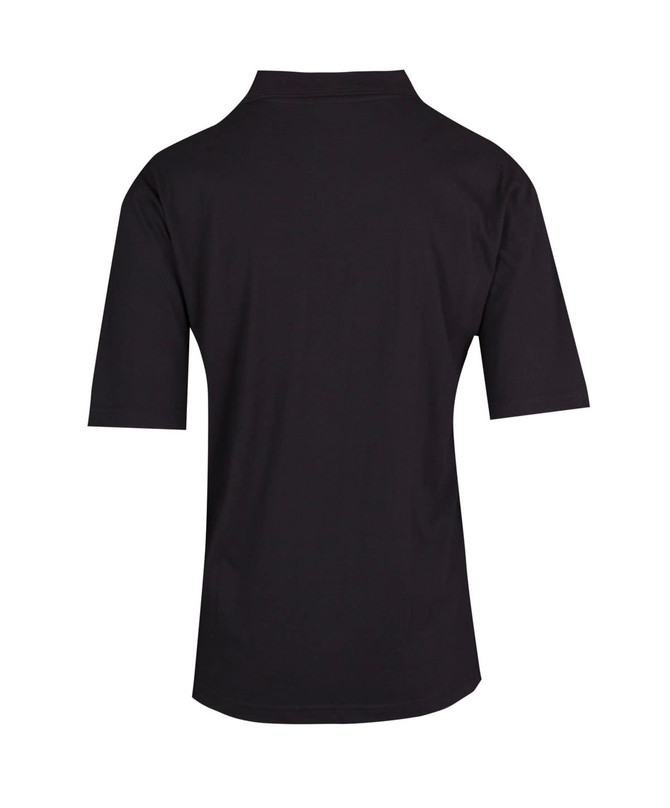 A black men's polo shirt made from 100% cotton jersey, featuring a collar and short sleeves.