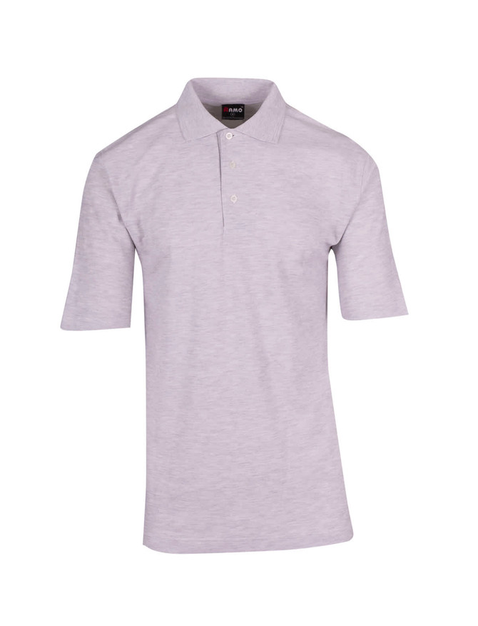 A light grey men's regular pique knit polo shirt with a collar and short sleeves, featuring a logo on the chest.