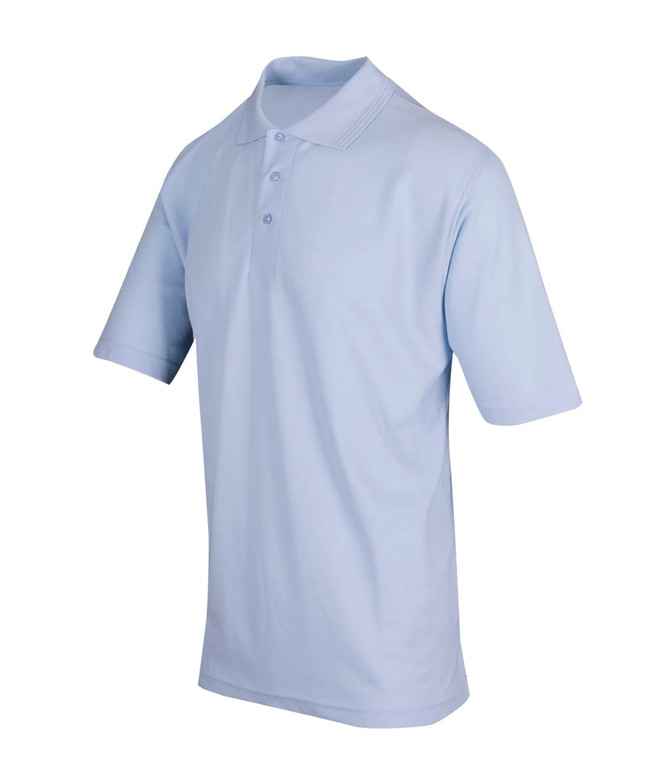 A light blue men's regular pique knit polo shirt with a collar and three buttons, featuring a logo.