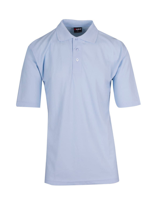 A light blue men's regular pique knit polo shirt with short sleeves and three buttons, featuring a logo on the collar.