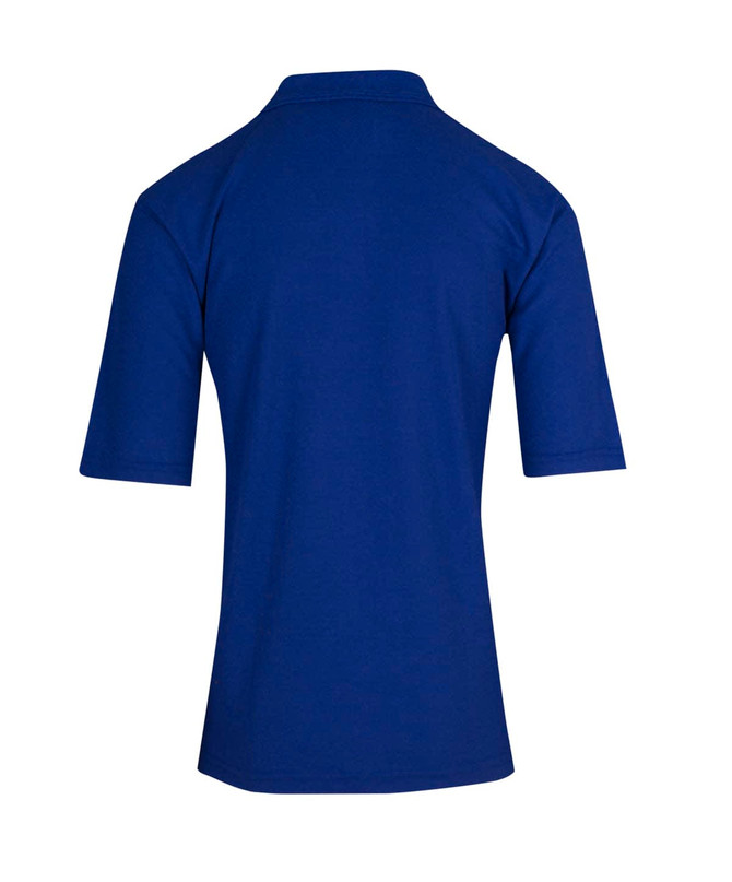A blue men's regular pique knit polo shirt featuring a short-sleeved design and a collar, with a logo on it.