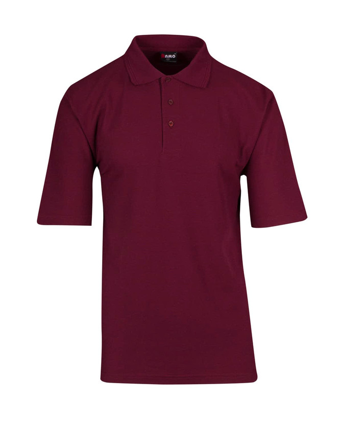 A burgundy men's regular pique knit polo shirt with a classic collar and short sleeves. It features a logo.