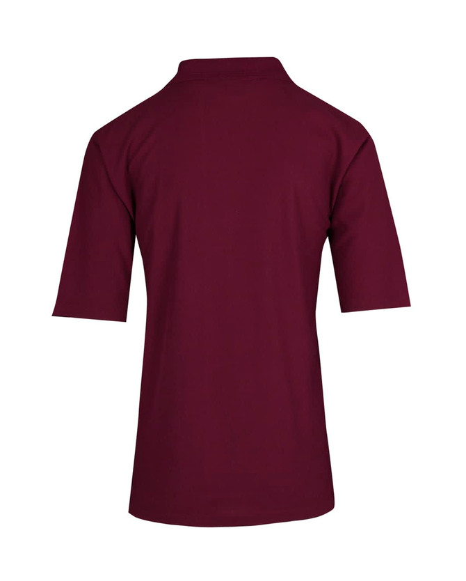 A maroon men's regular pique knit polo shirt with a collared design and short sleeves. It features a logo.