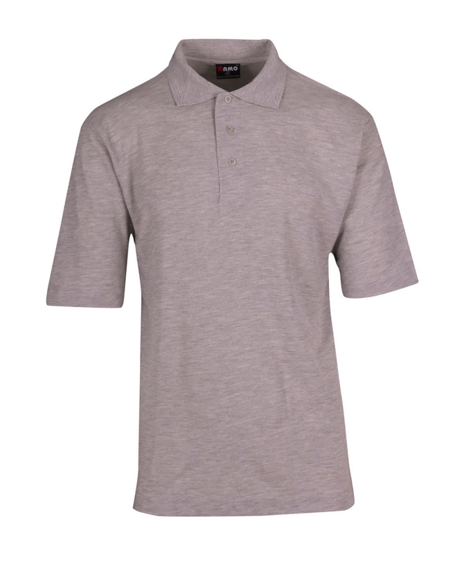 A grey men's regular pique knit polo shirt with a collar and short sleeves, featuring a logo on the chest.