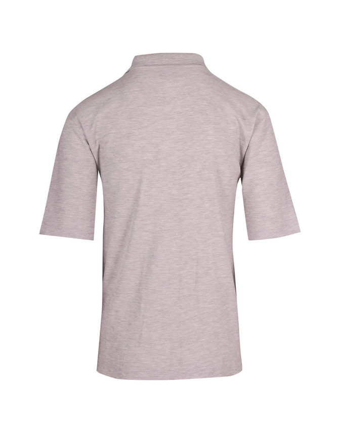 A grey men's regular pique knit polo shirt featuring a collar and short sleeves, with a logo on the back.