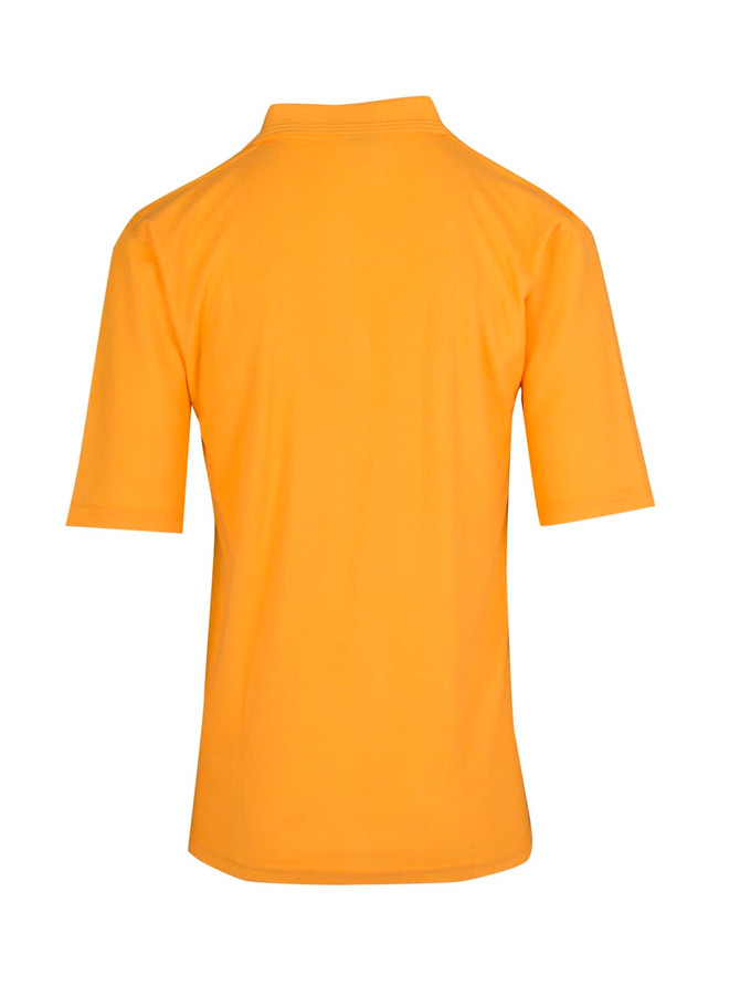 A yellow men's regular pique knit polo shirt featuring a collar and short sleeves. It has a branding logo.