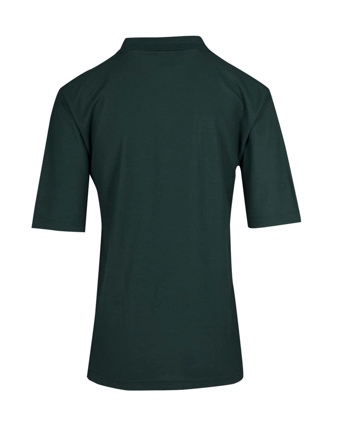 A dark green men's regular pique knit polo shirt featuring short sleeves and a collar. It includes a logo.