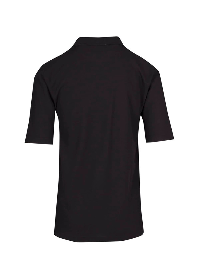A black men's regular pique knit polo shirt with short sleeves and a collar, featuring a logo.