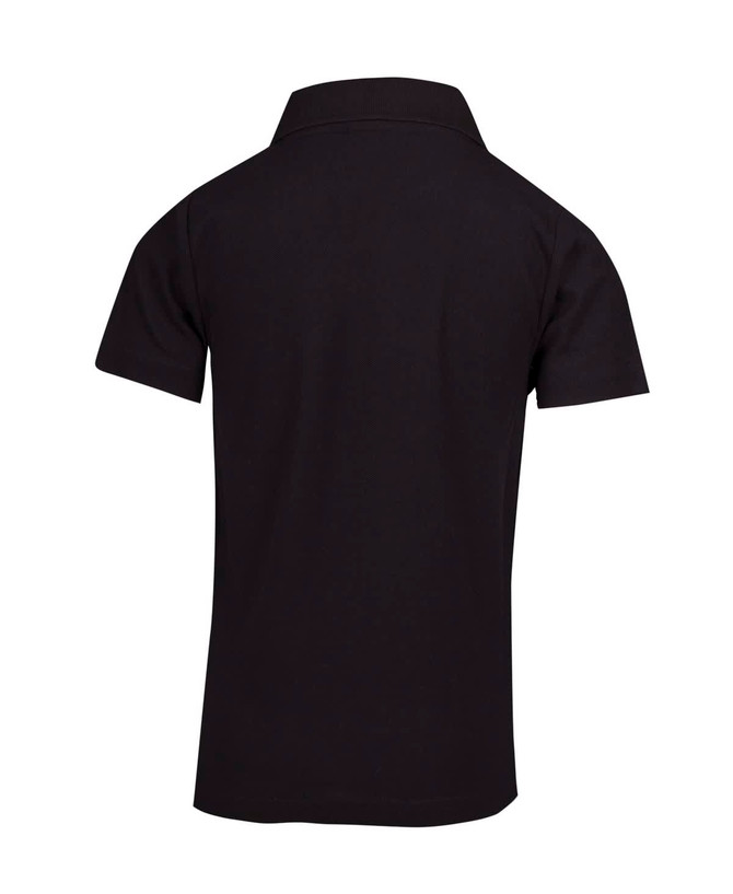 A black kid's pique polo shirt with a collar and short sleeves, featuring a logo on the back.
