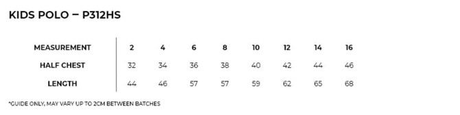 A table displaying size measurements for the Kid's Pique Polo shirt in various sizes.