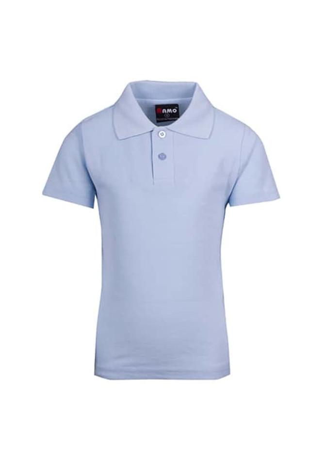 A light blue kid's pique polo shirt with a collar and a logo on the label. Perfect for casual wear.