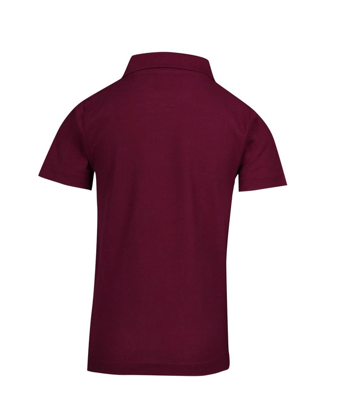 A burgundy kid's pique polo shirt with a collar and short sleeves. The back view features a plain design and a logo.