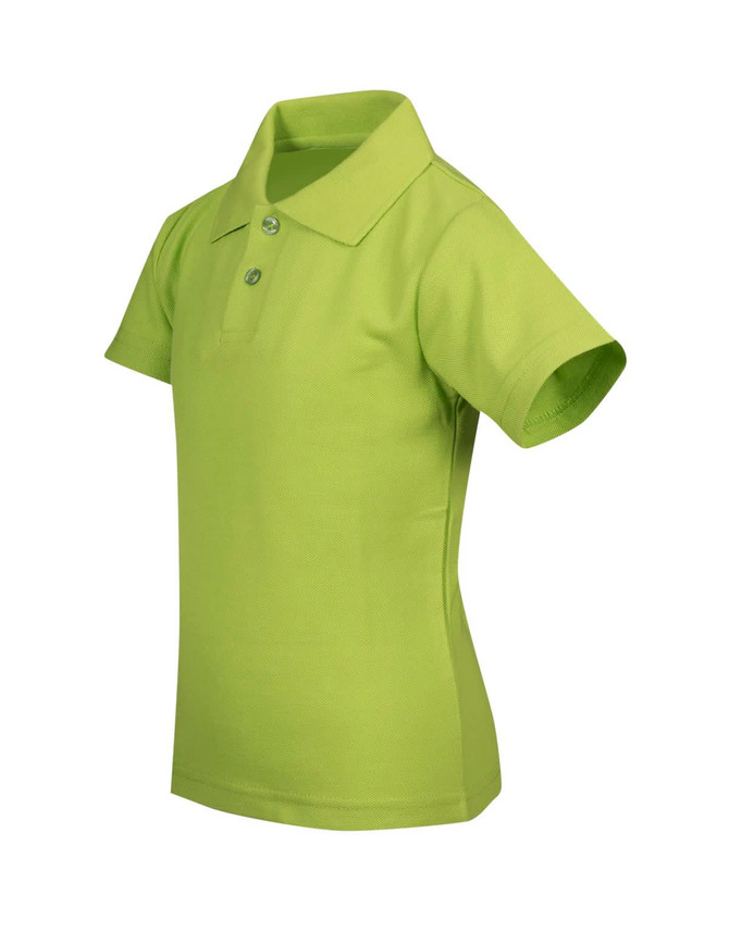 A kid's polo shirt in vibrant green with short sleeves and a collared neckline, featuring three buttons.
