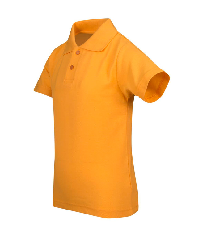 A kid's pique polo shirt in bright yellow, featuring a classic collar and short sleeves. It has a logo on the chest.