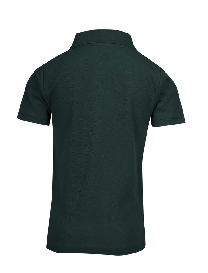 A dark green kid's pique polo shirt with a collared neckline and short sleeves, featuring a logo.