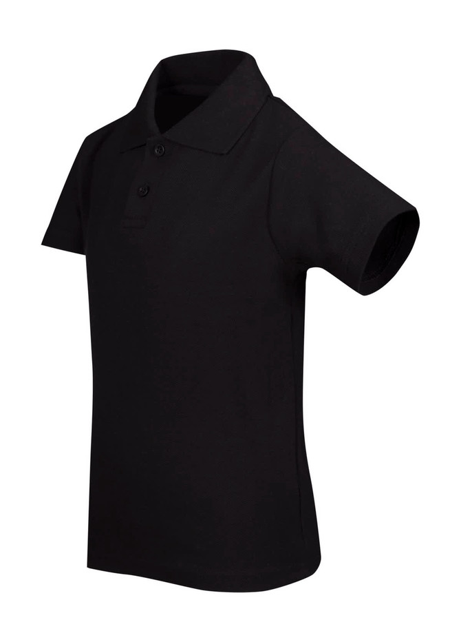 A black kid's polo shirt with a collared neck and short sleeves. It features a logo on the chest.