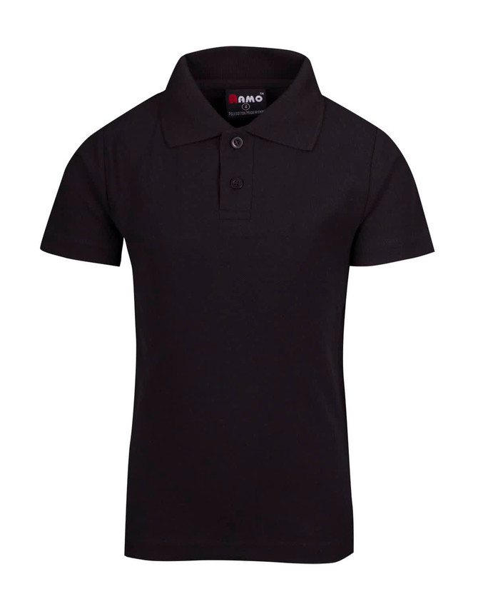 A black kids' pique polo shirt featuring a collar and three buttons, with a logo on the label.
