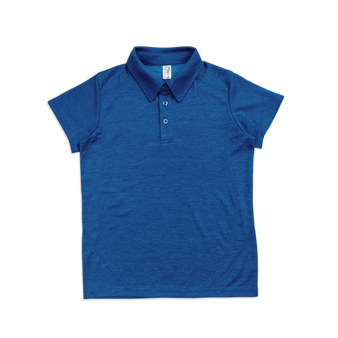 A blue polo shirt for kids made from 100% polyester, featuring a folded collar and three buttons.