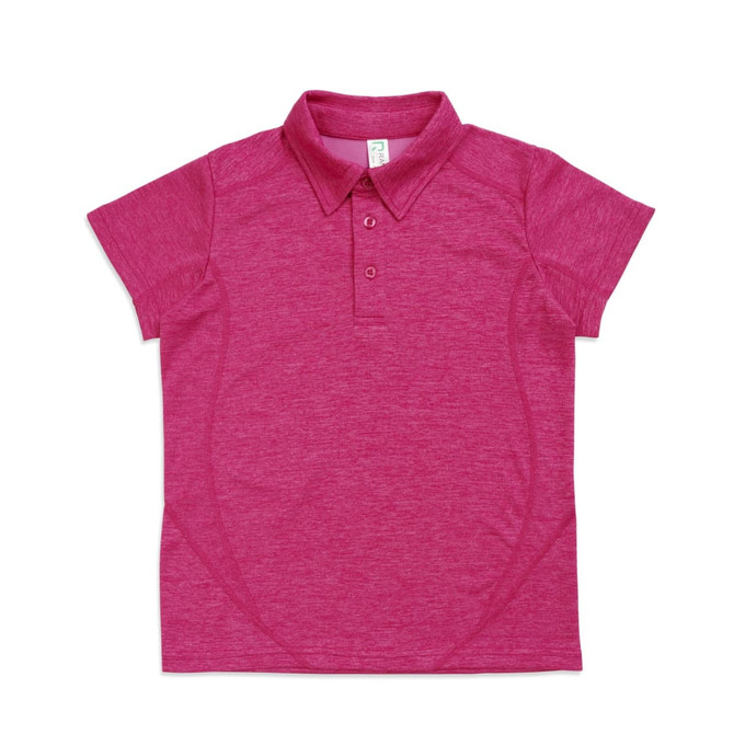 A pink kid's polo shirt made of 100% polyester, featuring a collar and three buttons.