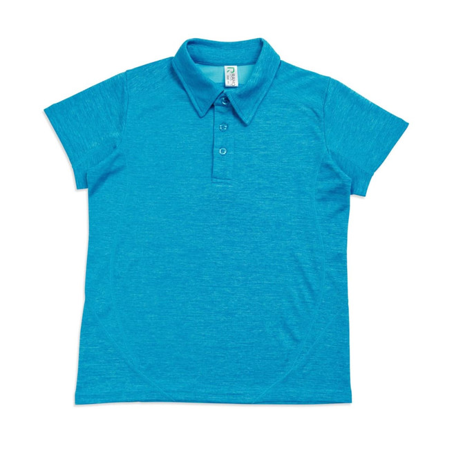 A turquoise polo shirt made of 100% polyester with a collar and button closure. It features a logo.