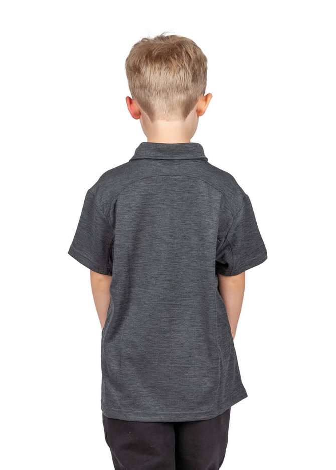 A grey kid's polo shirt with short sleeves, featuring a collar and a logo on the back.