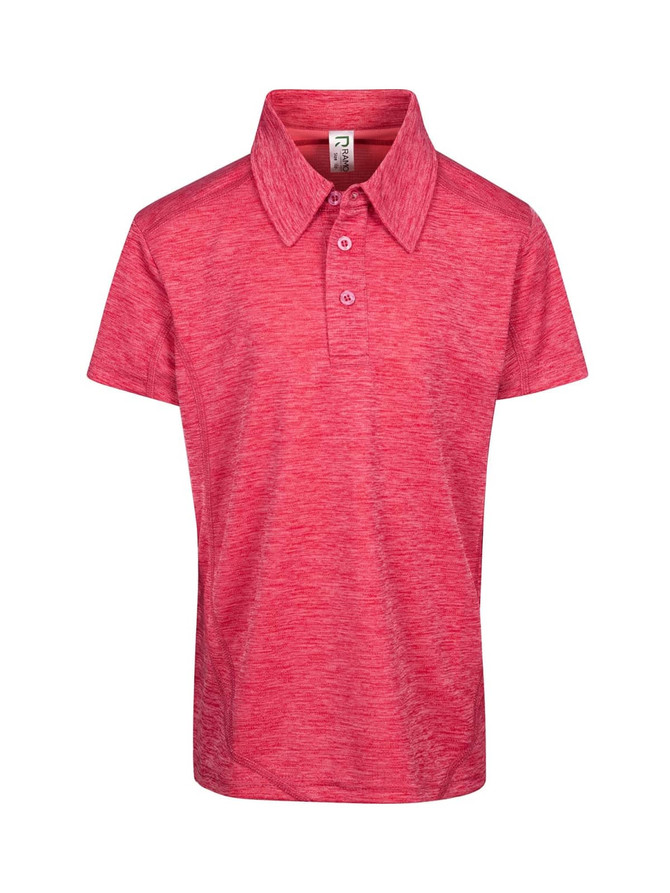 A red polo shirt for kids made from 100% polyester with a collar and three buttons. It features a logo.