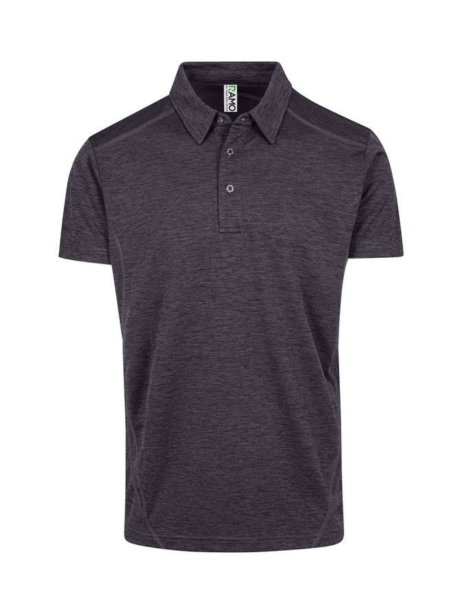 A charcoal grey polyester polo shirt with a collar, buttons, and a logo. Suitable for men and unisex wear.