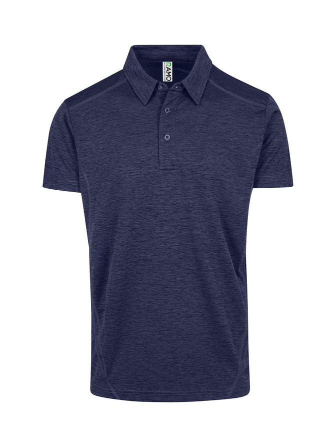 A navy blue men's/unisex polo shirt with a collar, featuring a logo and made of polyester.