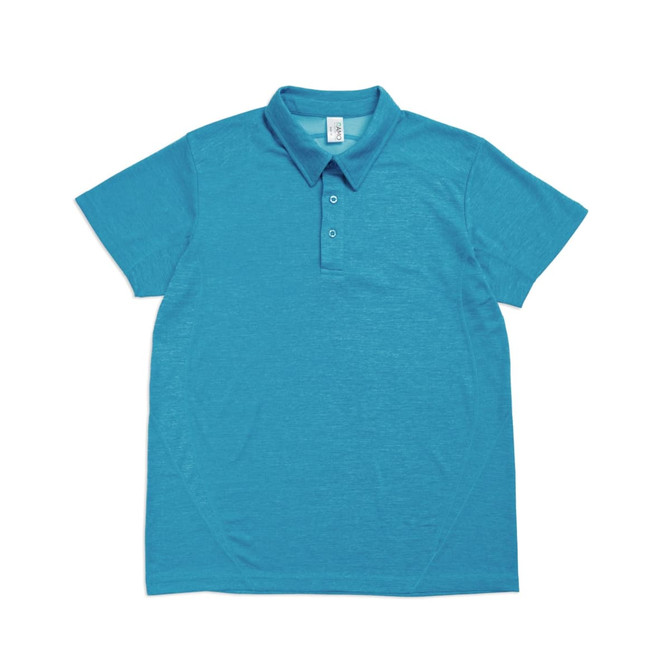 A teal polyester polo shirt with a collar and button placket, featuring a logo on the chest.