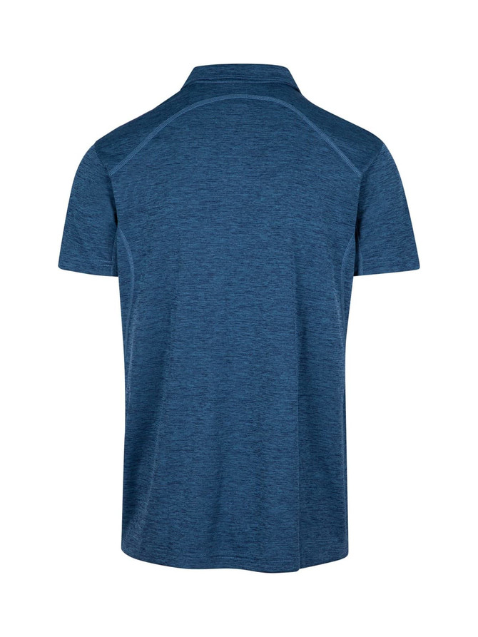 A blue polyester polo shirt with a logo, featuring a classic collar and short sleeves.
