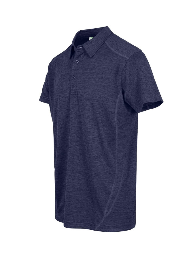 A dark navy polyester polo shirt with a collar and short sleeves, featuring a logo.