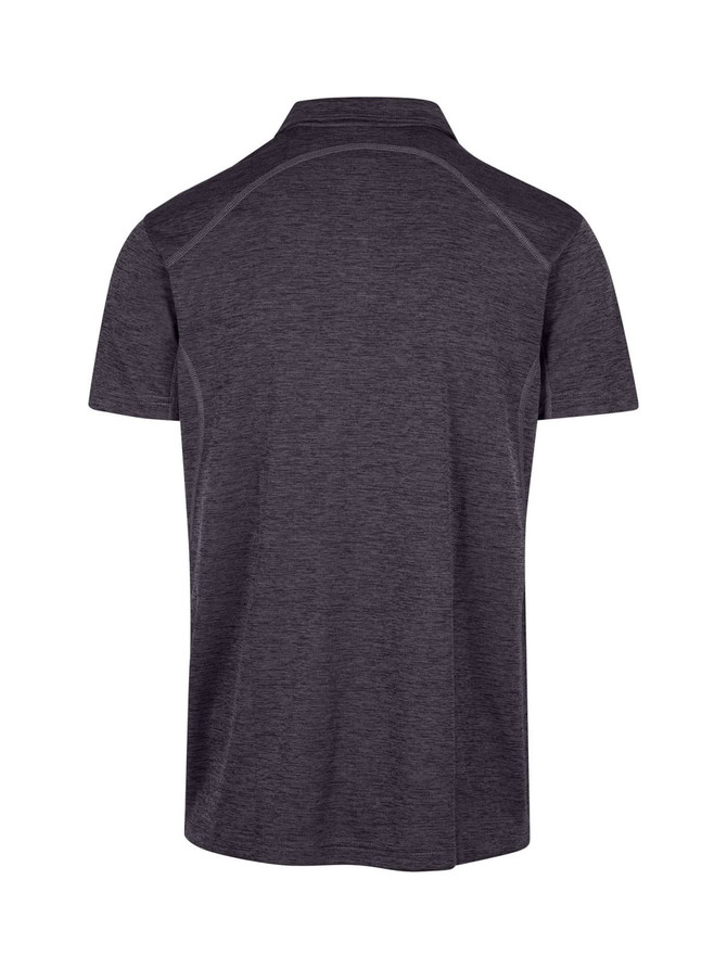 A dark grey men's unisex polyester polo shirt with a logo on the back.
