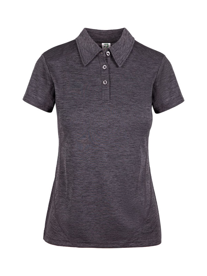 A women's polo shirt in a dark grey shade made of 100% polyester with a collar and three buttons, featuring a logo.