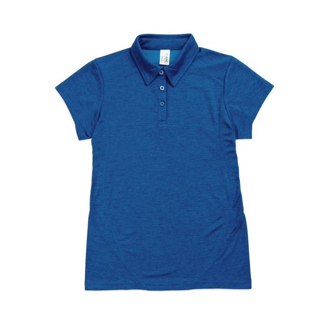 A blue women's polo shirt made of 100% polyester with a collar and short sleeves, featuring buttons and a logo.