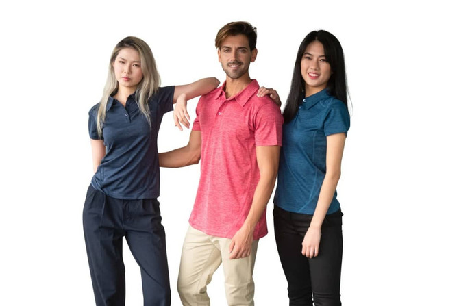 A group of three models wearing polo shirts in navy, red, and teal colours, featuring branding on the shirts.