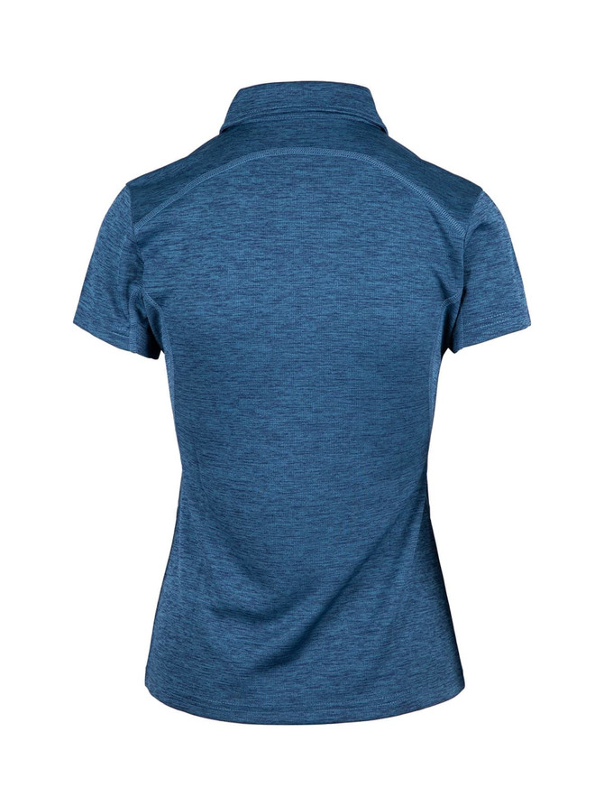 A back view of a blue women's polo shirt made from 100% polyester, featuring a collar and a logo.