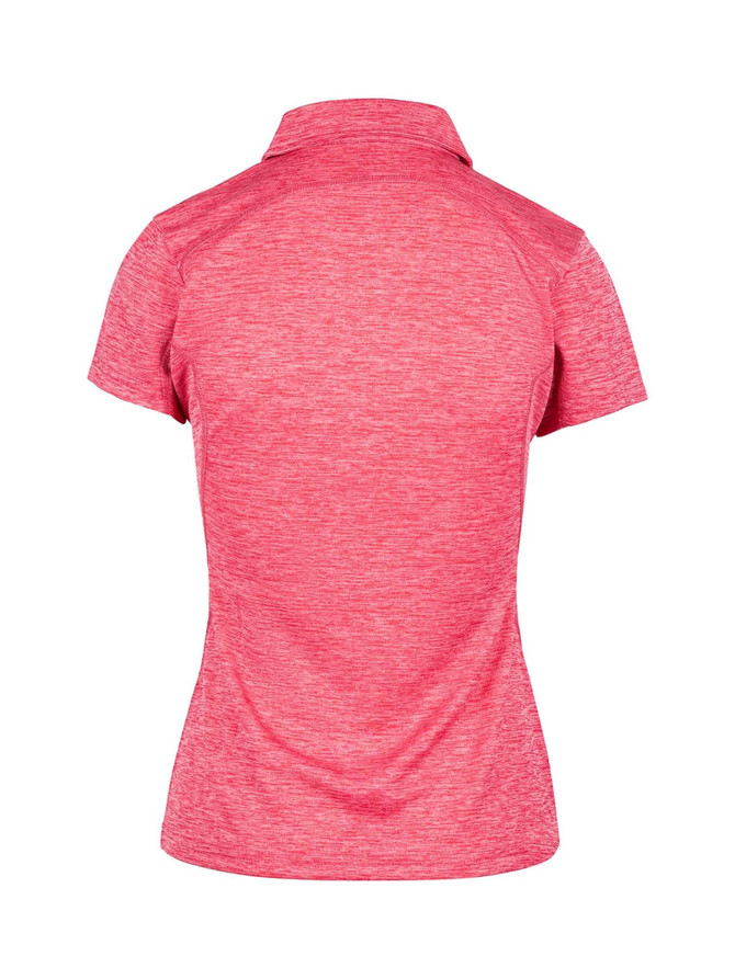 A women's polo shirt in vibrant pink, featuring a collar and short sleeves. The back has a subtle texture and a logo.